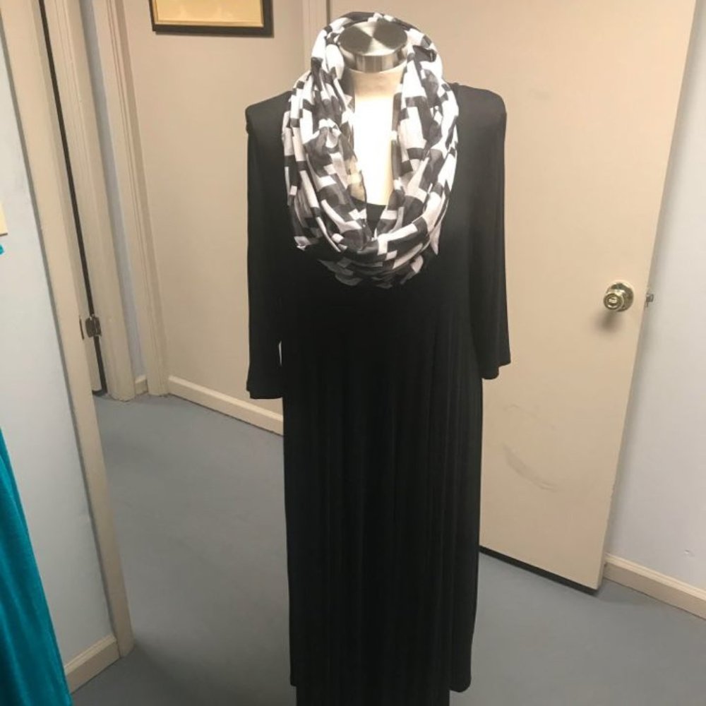 New Mid length black dress/Free Scarf